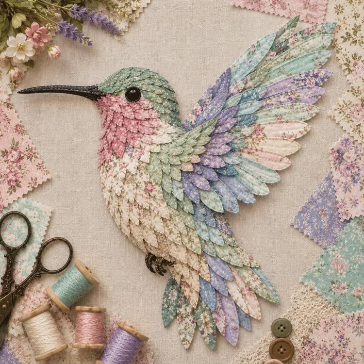 3D patchwork hummingbird applique, pastel green blue and pink layered wings