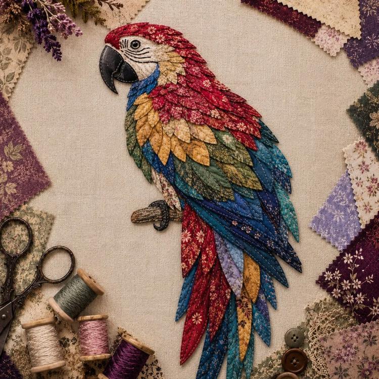 3D patchwork parrot bird applique, red head and blue-green tail feathers on fabric