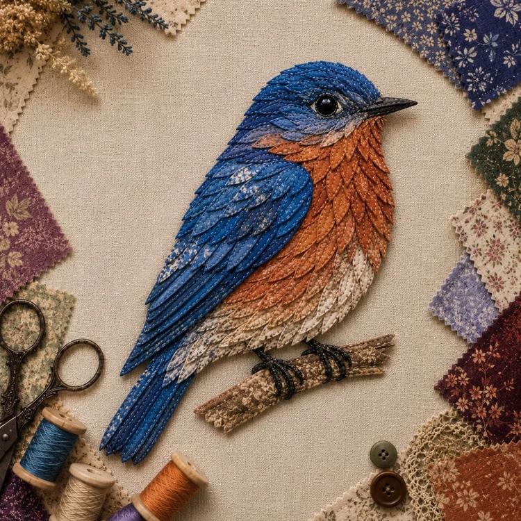 Layered patchwork blue-and-orange bird craft piece on fabric background