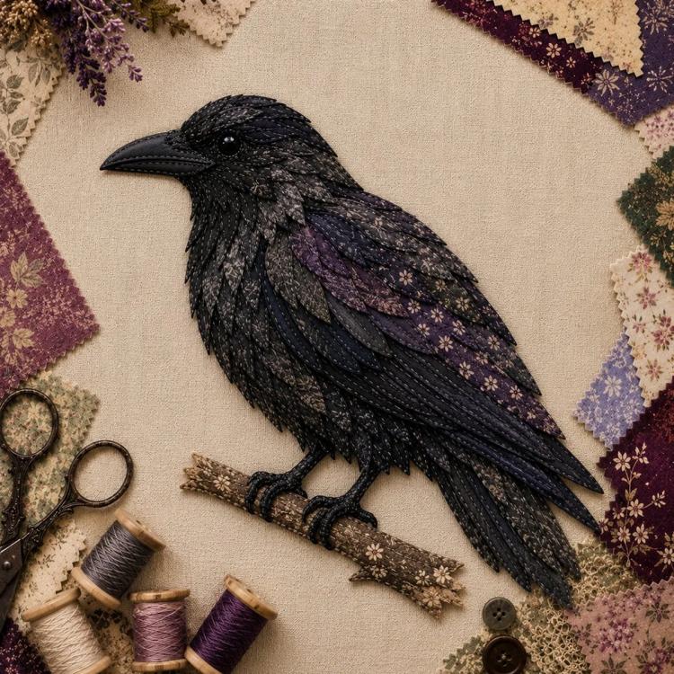 Layered patchwork dark bird with purple speckle wing detail and long tail