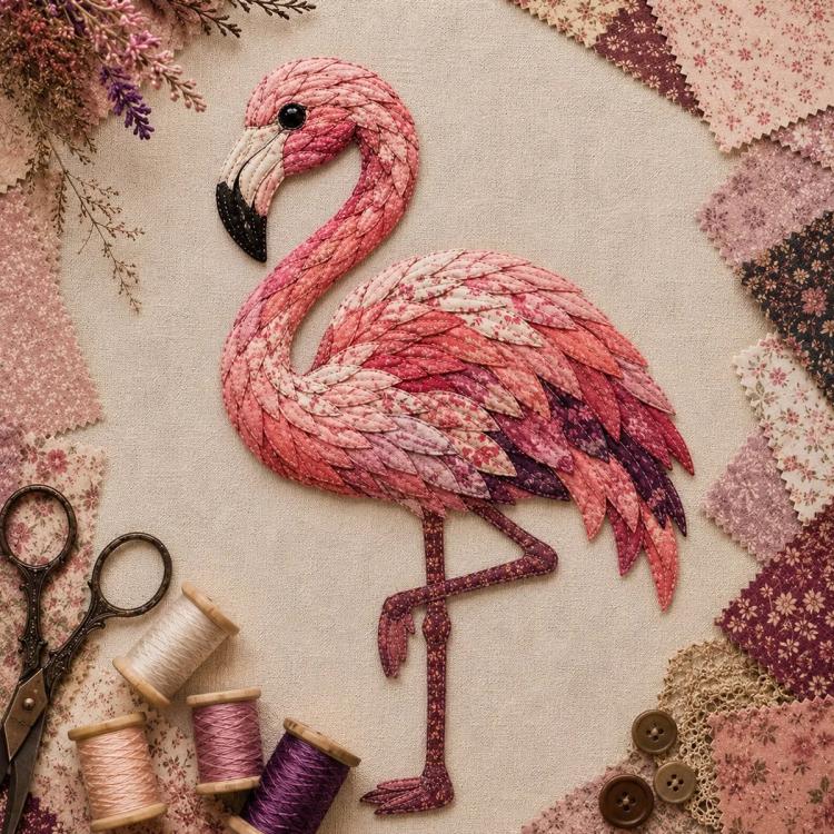 Layered patchwork pink flamingo-style bird with black beak and long legs