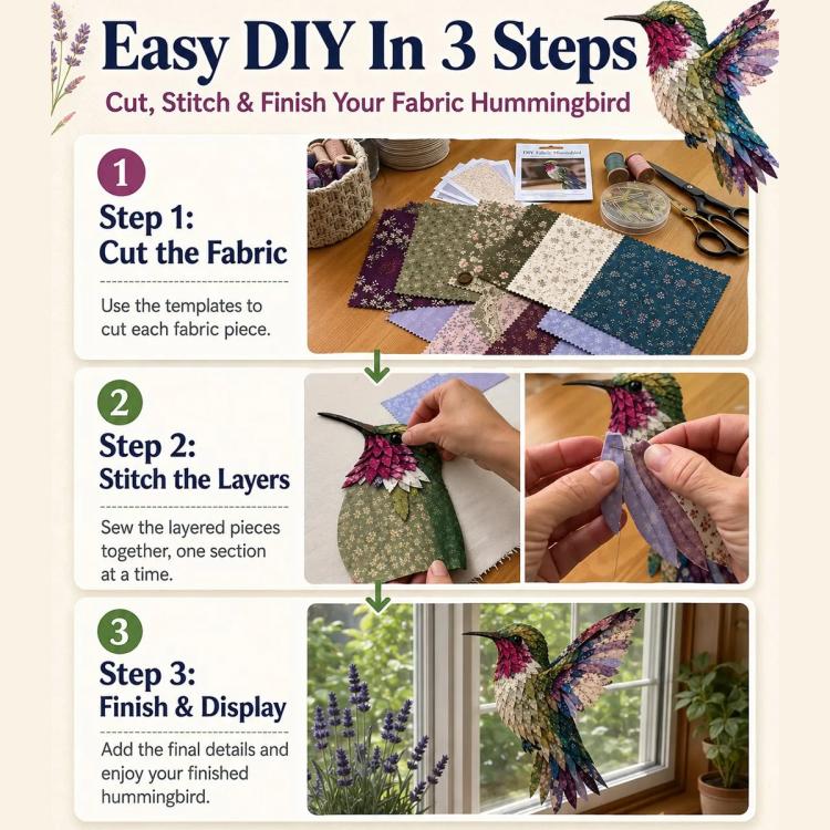 DIY craft kit instruction panel for cutting and stitching a layered hummingbird