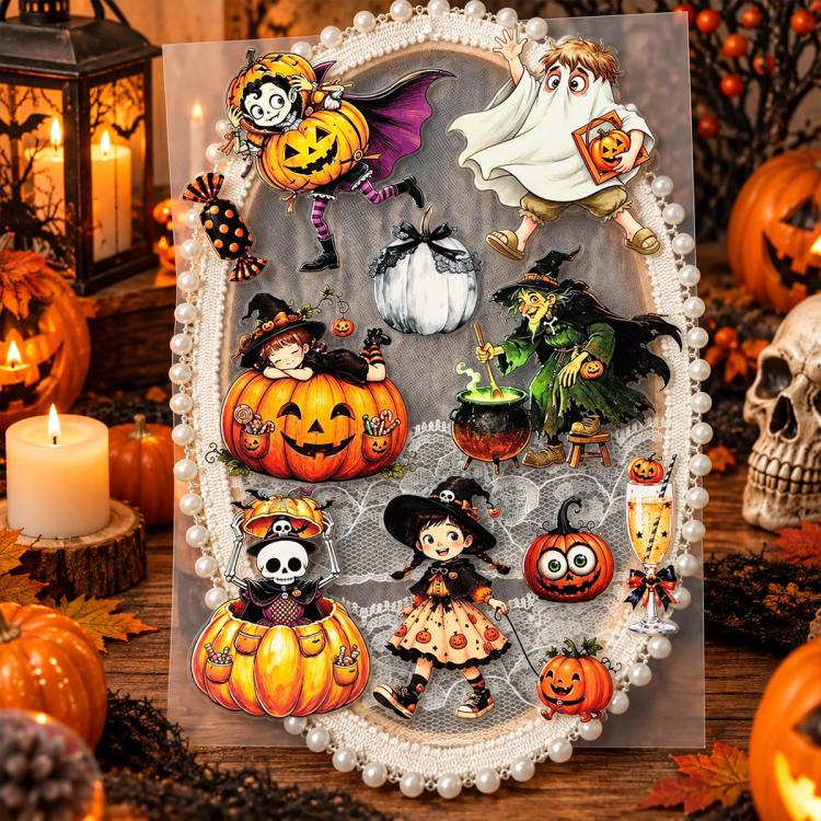 Halloween Embossed Cartoon Cute Stickers, Type A, Type B, Type C, Type D, 4 PCS