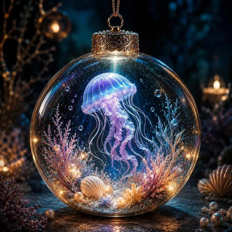 Round crystal PET ornament with jellyfish inside, gold cap, and hanging chain