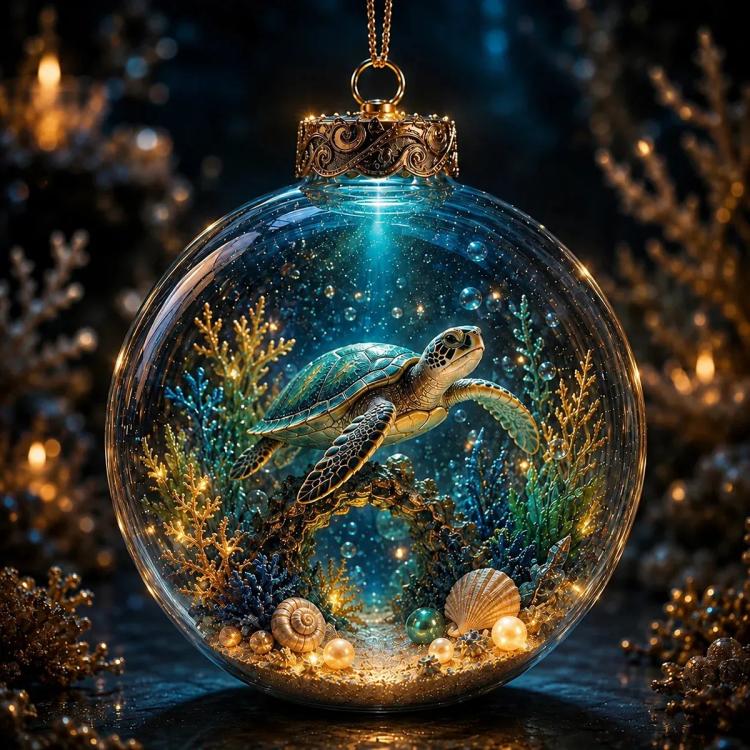 Round crystal PET ornament with sea turtle inside, gold cap, and hanging chain