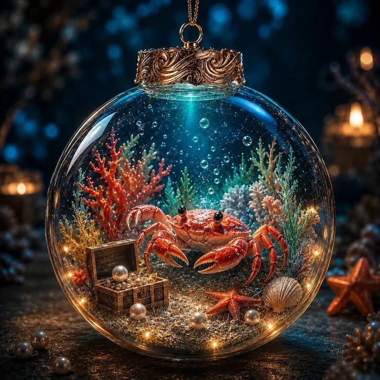 Round crystal PET ornament with crab inside, gold cap, and hanging chain