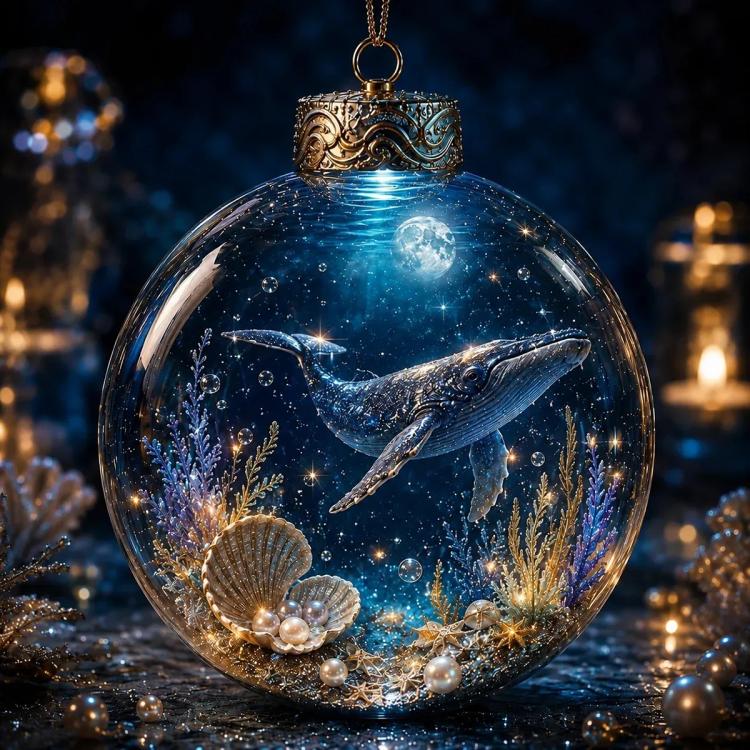 Round crystal PET ornament with whale inside, gold cap, and hanging chain