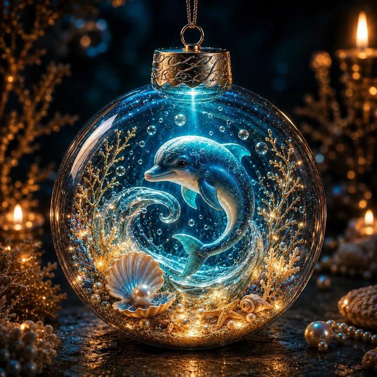 Round crystal PET ornament with dolphin inside, gold cap, and hanging chain