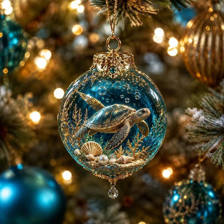 Round crystal PET ornament with sea turtle inside, gold cap, and hanging chain