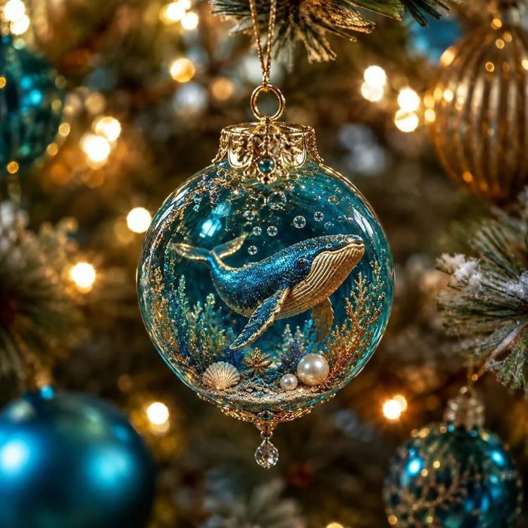 Dolphin-themed crystal ornament with teal glitter, gold cap, and hanging loop