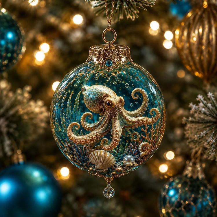 Octopus-themed crystal ornament with teal glitter, gold filigree top, and hanging loop
