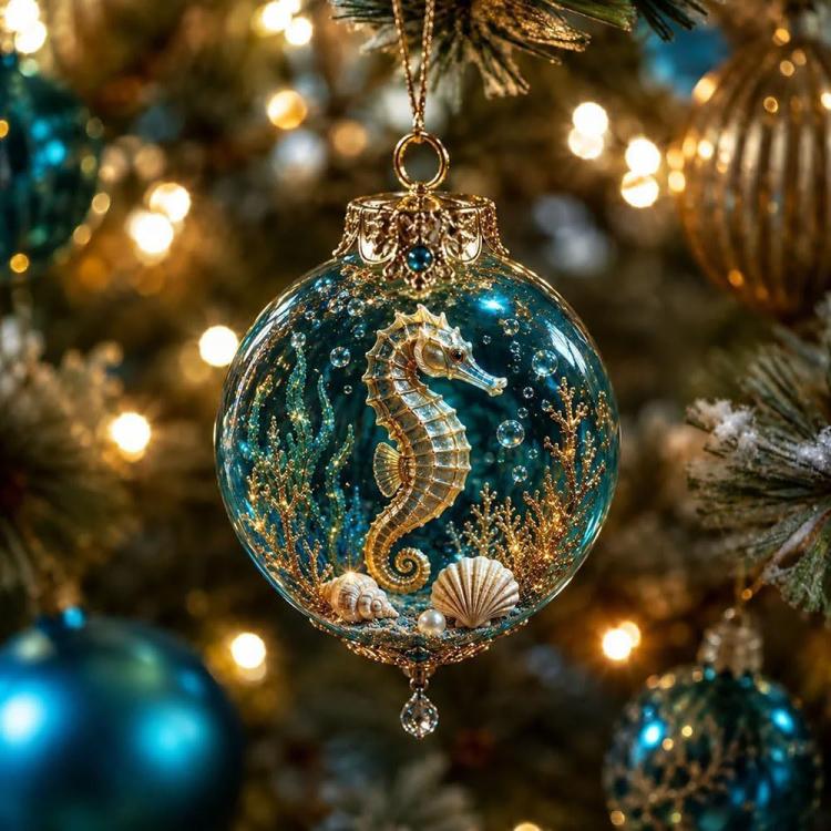 Seahorse-themed crystal ornament with teal glitter, gold filigree top, and hanging loop