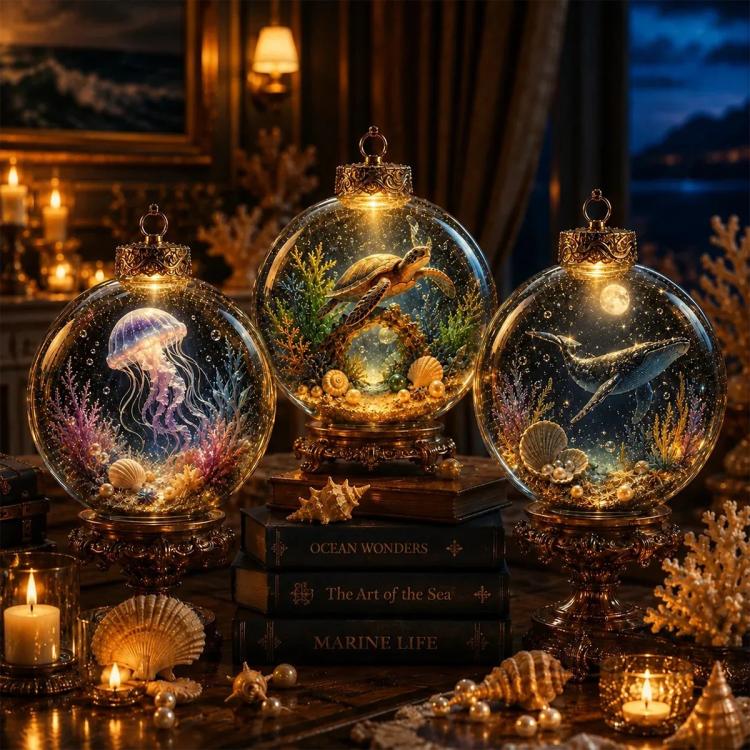 Set of three marine-life crystal ornaments with gold caps and hanging loops