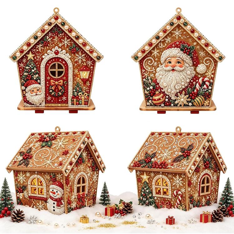 Santa Claus 3D beaded pearl house ornament with rhinestone trim, wooden base