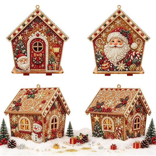 Santa Claus 3D beaded pearl house ornament with rhinestone trim, wooden base