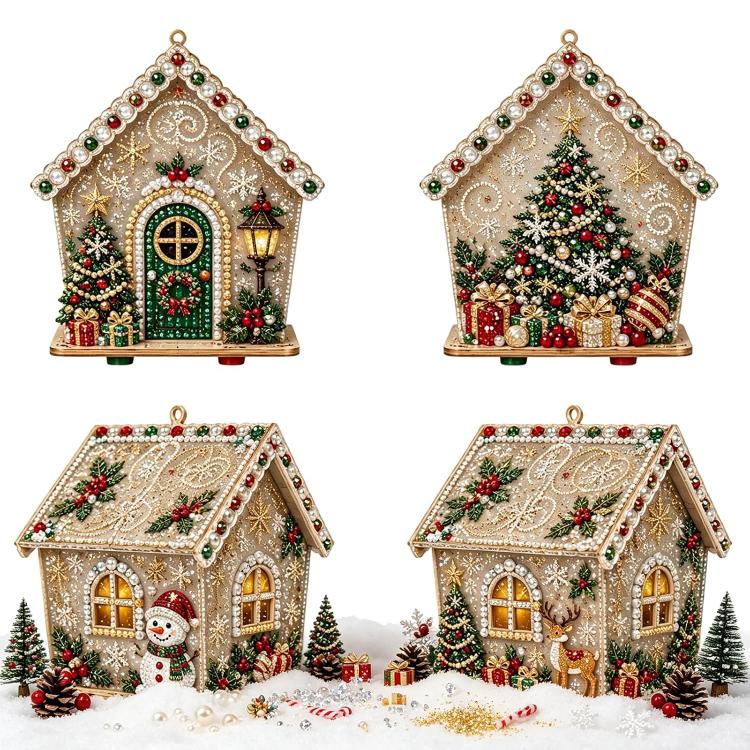 Set of Christmas house ornaments with pearl bead and rhinestone accents, Santa scenes