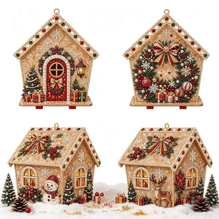 Set of beaded rhinestone Christmas house ornaments with Santa, tree, and wreath details