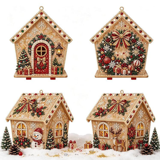 Set of beaded rhinestone Christmas house ornaments with Santa, tree, and wreath details