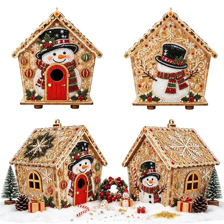 Set of snowman-themed Christmas house ornaments with beaded pearl and rhinestone details