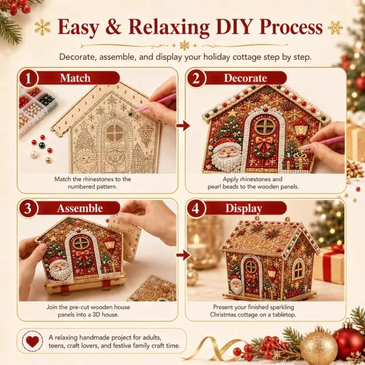 DIY kit instructions for assembling a rhinestone and pearl beaded Christmas house