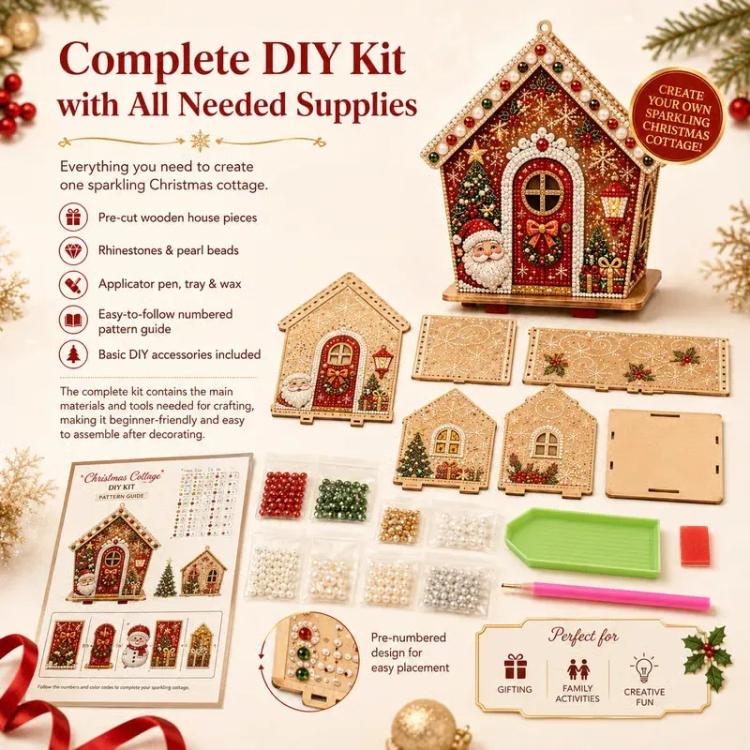 Complete DIY kit with wooden house pieces, rhinestones, and pearl beads for decorating
