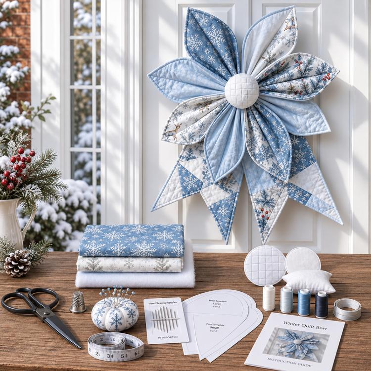 Quilted bow with light blue snowflake patchwork petals and round padded fabric center