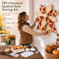Autumn patchwork bow sewing kit with fabric rolls, pattern pieces, thread, and tools