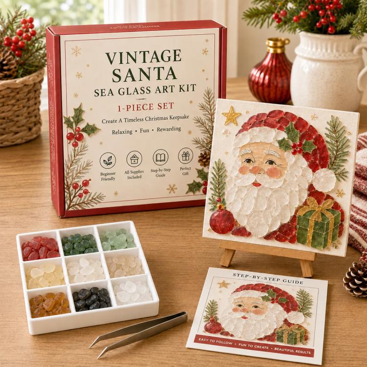 Santa sea glass art kit with mosaic card, guide, and colored tile tray