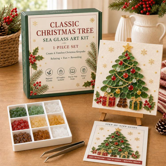 Christmas tree sea glass art kit with mosaic card, guide, and colored tile tray