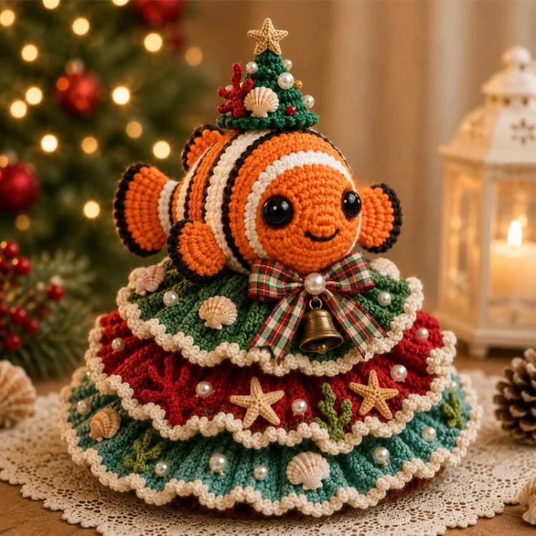 Crochet clownfish Christmas tree DIY kit figure with smiling face and bell topper