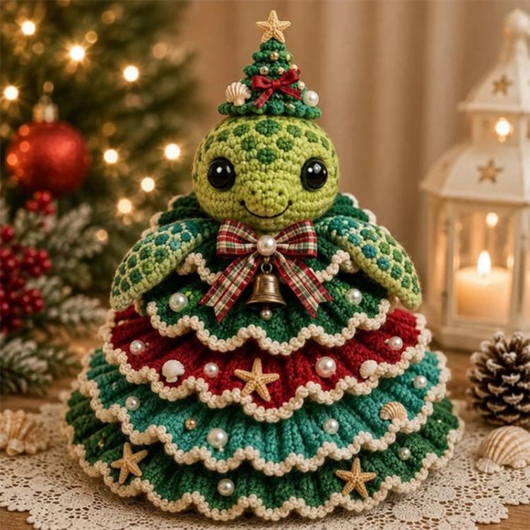 Crochet sea turtle Christmas tree DIY kit figure with bow and bell topper