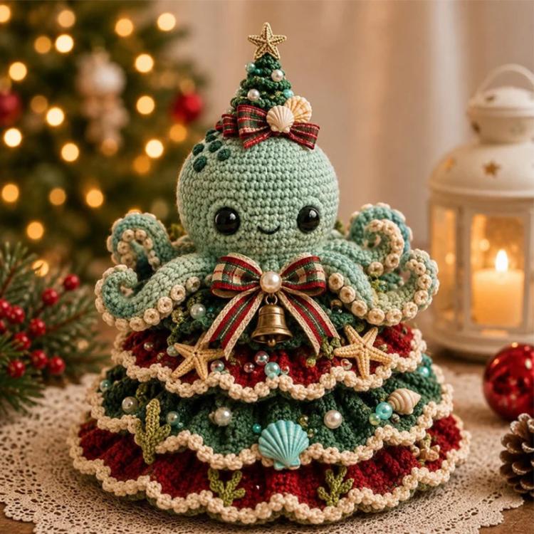 Crochet sea turtle Christmas tree DIY kit figure with bow, bell, and star charms