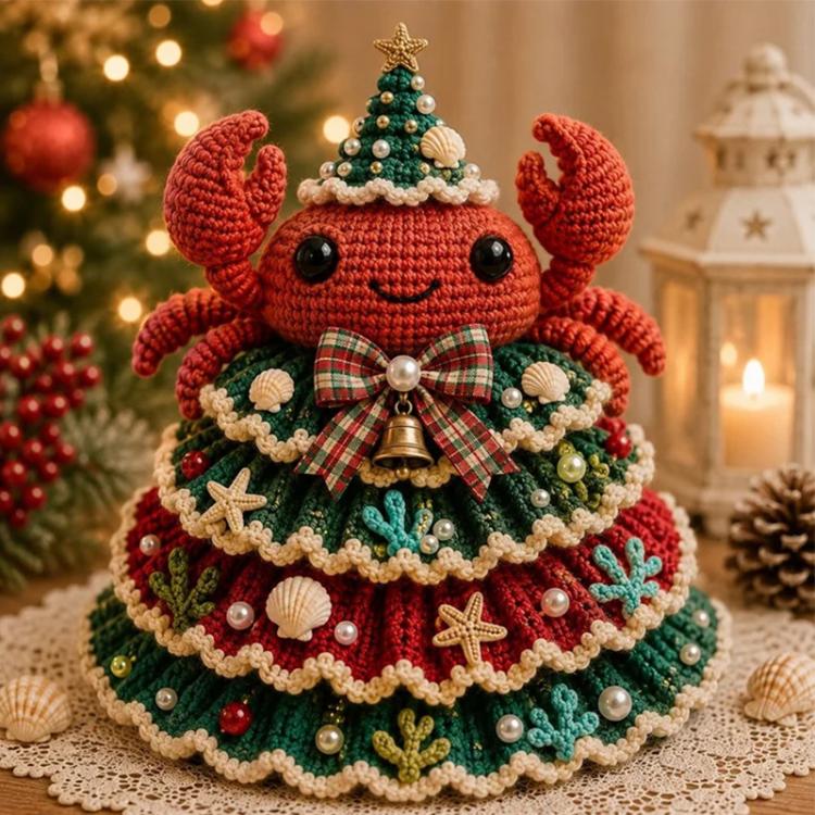 Crochet octopus Christmas tree DIY kit figure with plaid bow and bell topper