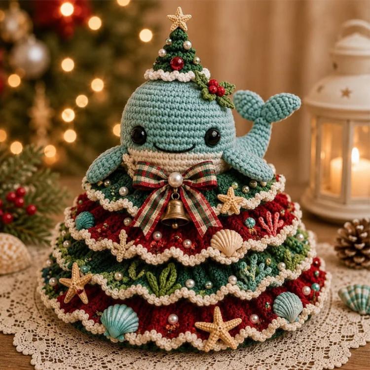 Crochet whale Christmas tree DIY kit figure with plaid bow and bell topper