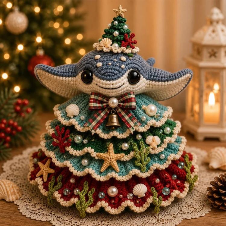 Crochet manta ray Christmas tree DIY kit figure with plaid bow and bell topper