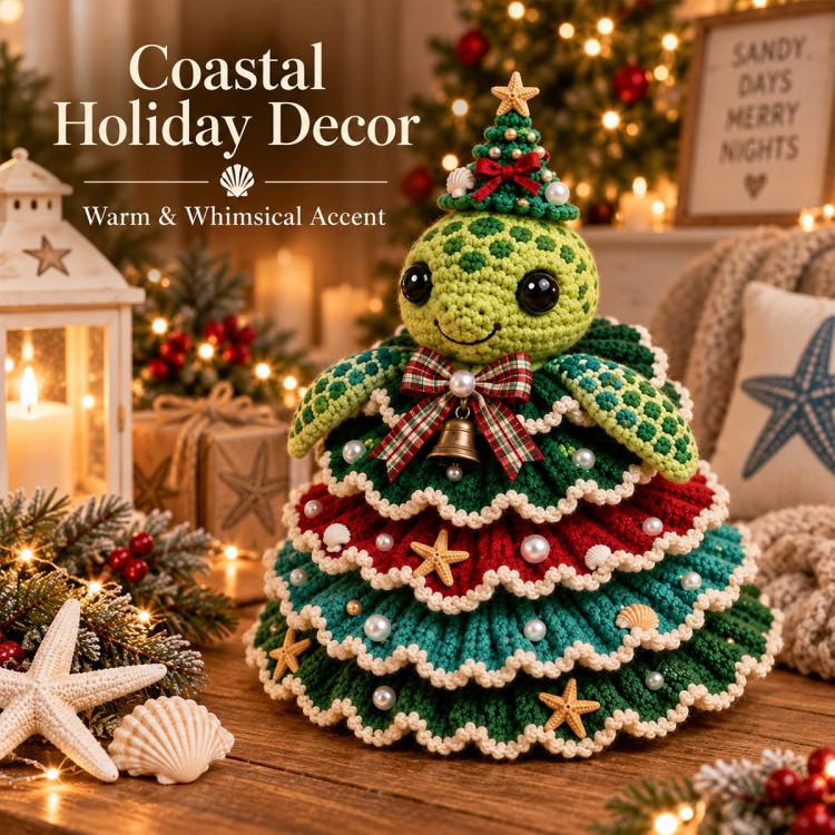 Crochet sea turtle Christmas tree DIY kit figure with plaid bow and bell topper