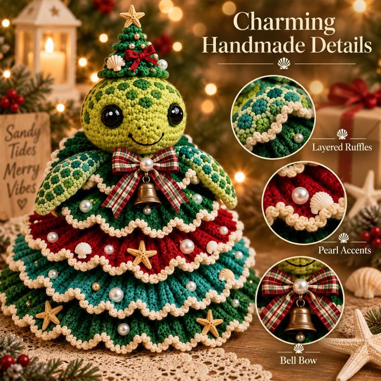 Crochet sea turtle Christmas tree DIY kit figure with layered yarn and bell bow