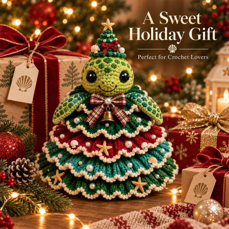 Crochet holiday tree decoration kit with green layered ruffle skirt and bell topper
