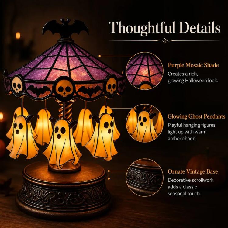 Halloween Ghost Carousel Motion Night Light Table Lamp Ornament, Ghost, Pumpkin