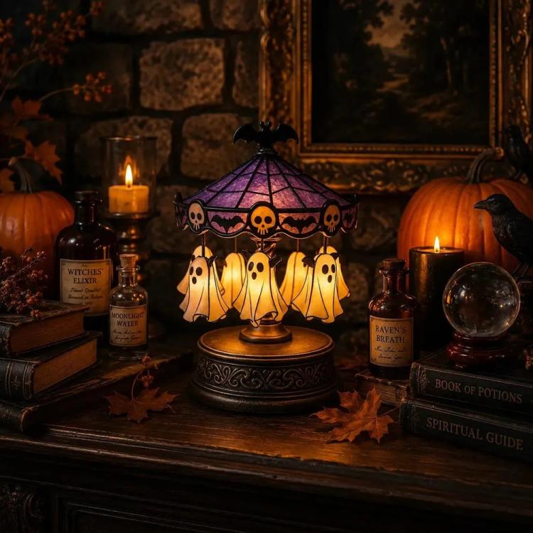 Halloween Ghost Carousel Motion Night Light Table Lamp Ornament, Ghost, Pumpkin