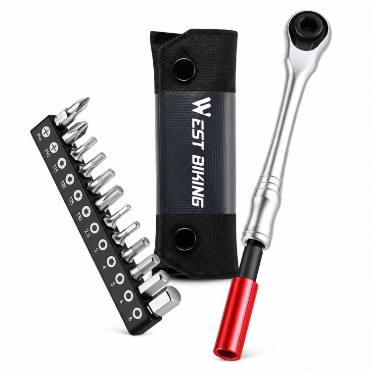 Bike ratchet wrench kit with screwdriver handle, metal bits, and black storage pouch