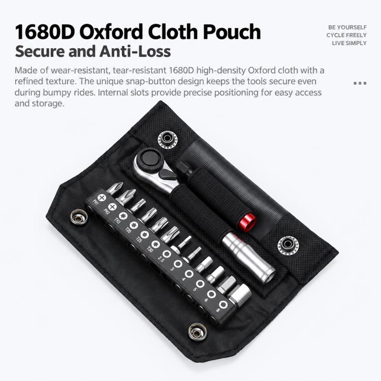 Black cloth tool pouch with ratchet handle, bit holder strip, and adapter sockets
