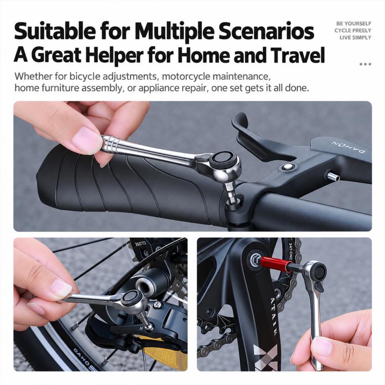 Ratchet wrench and screwdriver bit tool used on a bike frame near cables