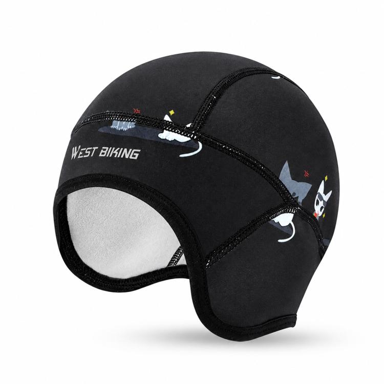 Kids winter fleece thermal cap with face opening, black with animal graphics