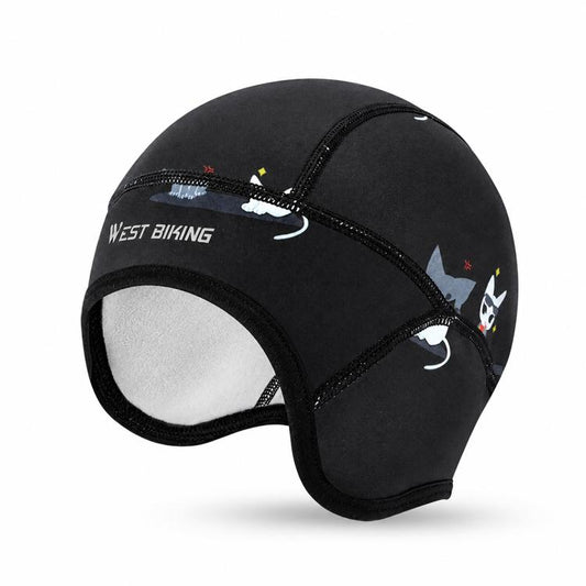 Kids winter fleece thermal cap with face opening, black with animal graphics