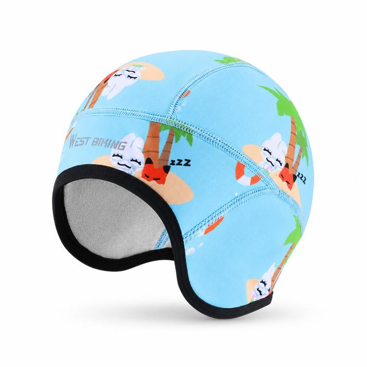 Kids winter fleece thermal cap with face opening, light blue animal print