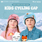 Kids cycling caps, one pink and one blue, with face opening and ear coverage