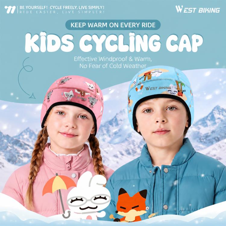 Kids cycling caps, one pink and one blue, with face opening and ear coverage