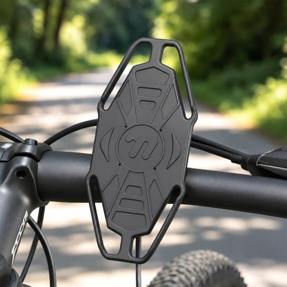 Dark gray silicone bike phone holder with anti-slip grip and handlebar clamp arms