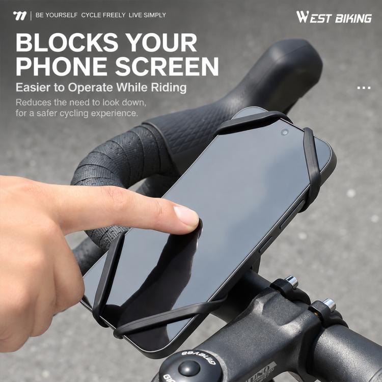 Black bike phone holder on handlebar with front clamp frame holding a phone